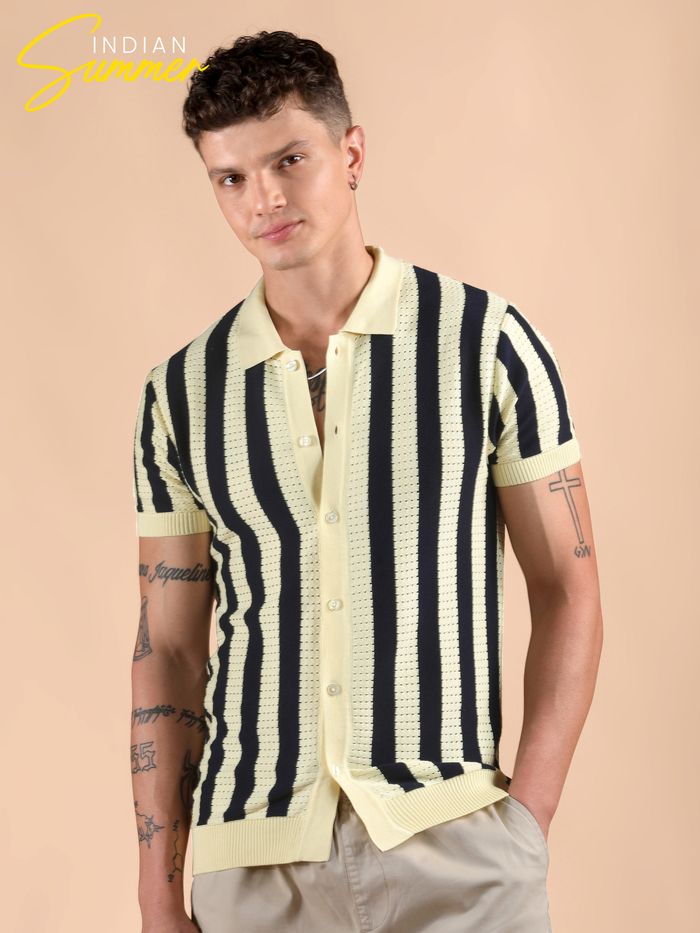 (DEMO 1- Simple) Navy Blue Striped Flat Knit Shirt