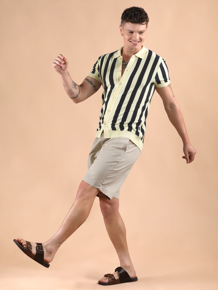 (DEMO 1- Simple) Navy Blue Striped Flat Knit Shirt - Image 2