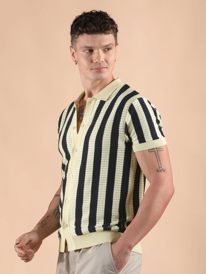 (DEMO 1- Simple) Navy Blue Striped Flat Knit Shirt - Image 3