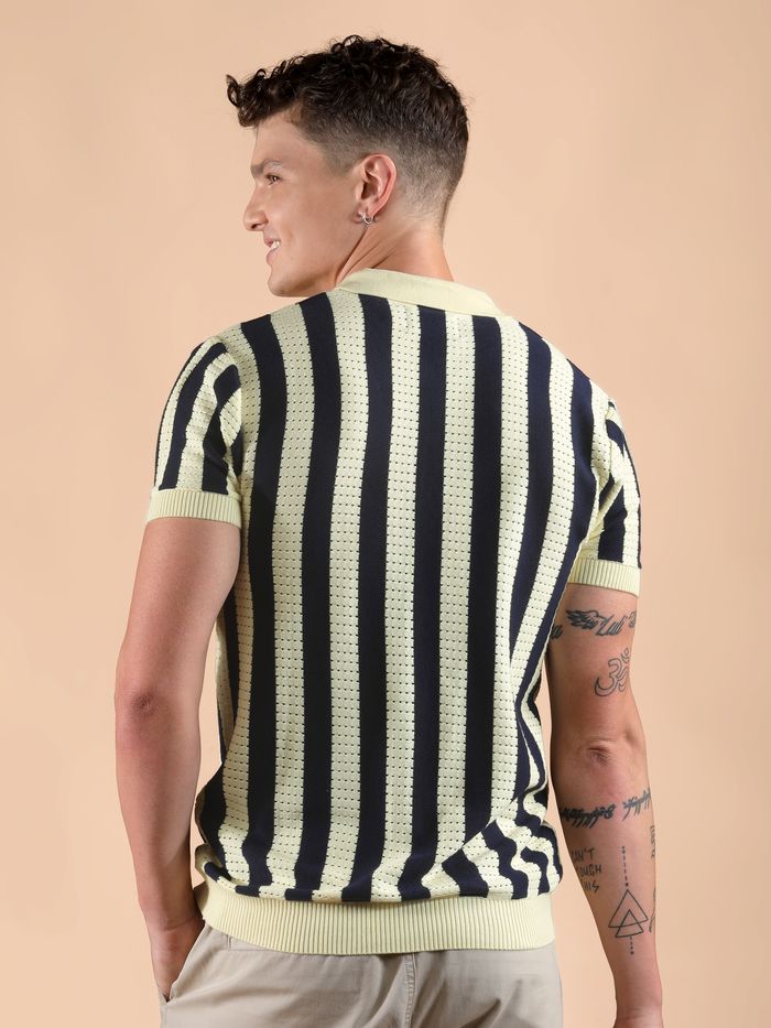 (DEMO 1- Simple) Navy Blue Striped Flat Knit Shirt - Image 4